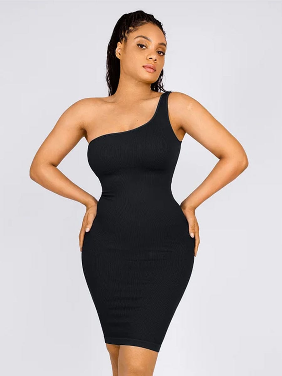 🌿Vestido moldeador de cintura con escote inclinado, sin costuras y ecológico, de un solo hombro