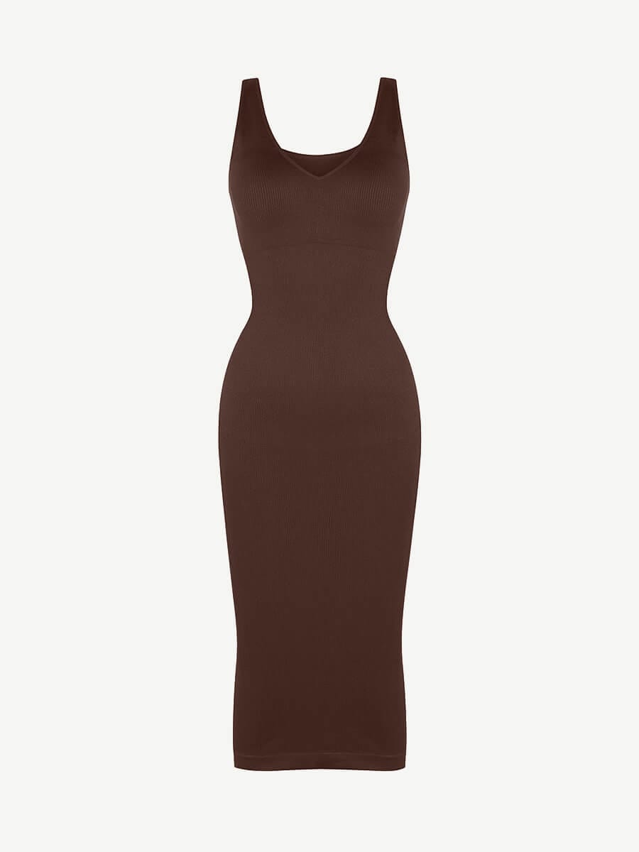 🌿 Vestido moldeador de cintura con escote en V profundo, sin costuras y ecológico, con almohadillas extraíbles