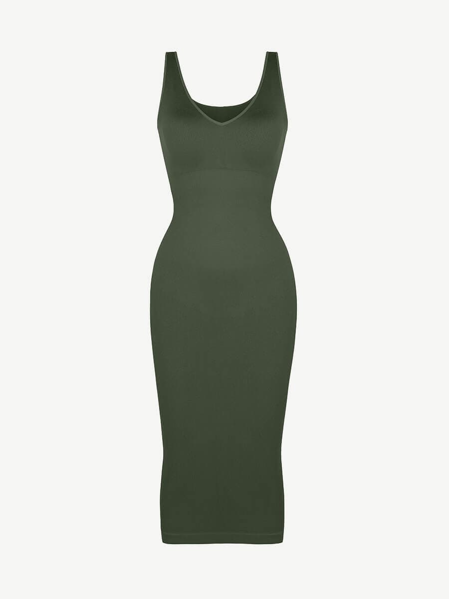 🌿 Vestido moldeador de cintura con escote en V profundo, sin costuras y ecológico, con almohadillas extraíbles