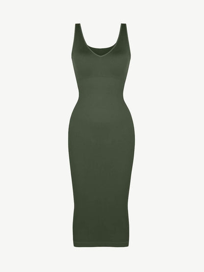 🌿 Vestido moldeador de cintura con escote en V profundo, sin costuras y ecológico, con almohadillas extraíbles