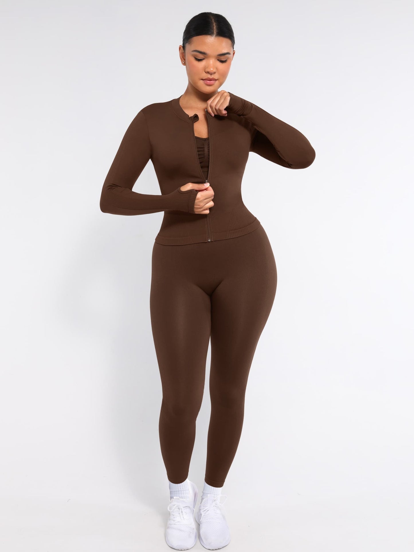 Camiseta de running con cremallera completa y agujeros para los pulgares, sin costuras