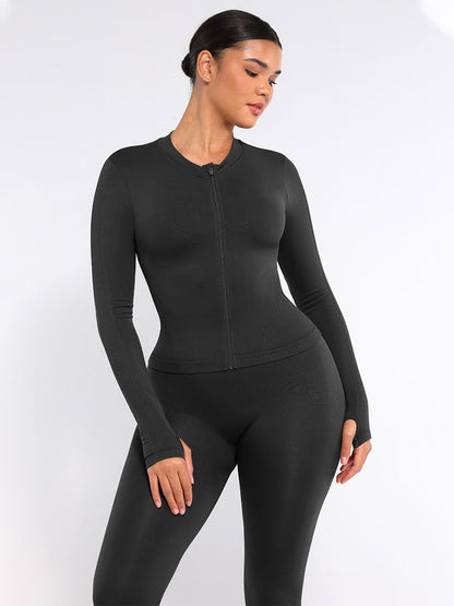 Camiseta de running con cremallera completa y agujeros para los pulgares, sin costuras