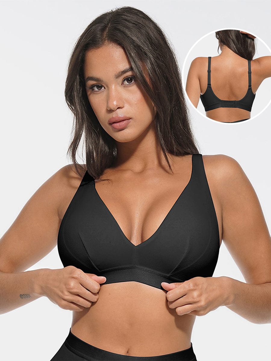 Bralette de canalé con escote en V profundo y almohadillas extraíbles para usar todo el día.
