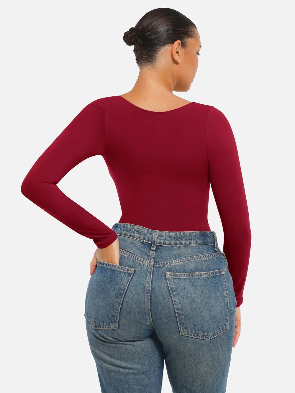 Body tipo tanga sin costuras de manga larga con soporte para el pecho y control del abdomen