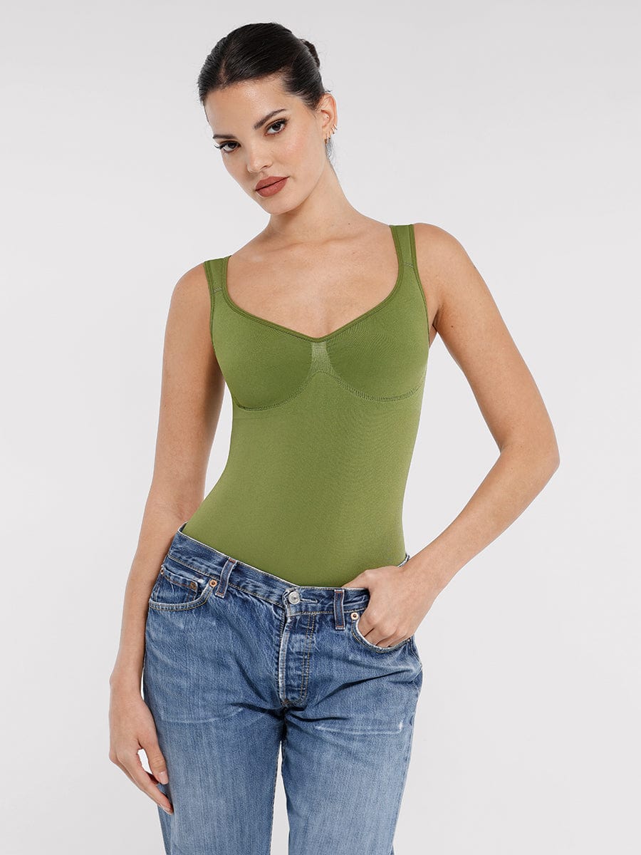 Body de control de cintura y busto con cuello de diamante sin costuras