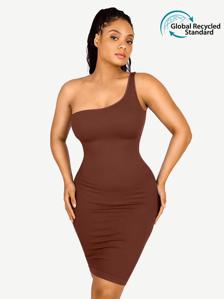 🌿Vestido moldeador de cintura con escote inclinado, sin costuras y ecológico, de un solo hombro