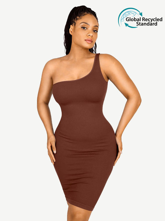 🌿Vestido moldeador de cintura con escote inclinado, sin costuras y ecológico, de un solo hombro