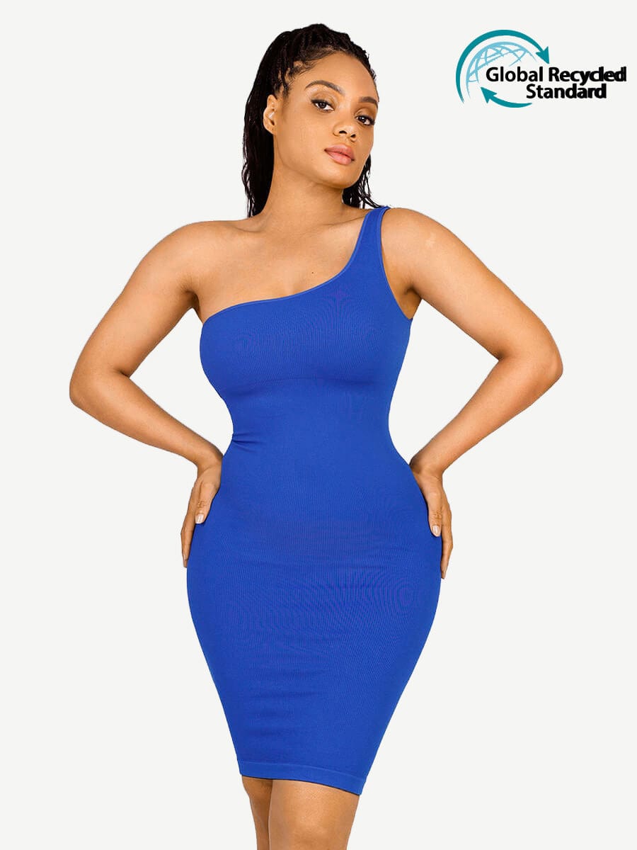 🌿Vestido moldeador de cintura con escote inclinado, sin costuras y ecológico, de un solo hombro