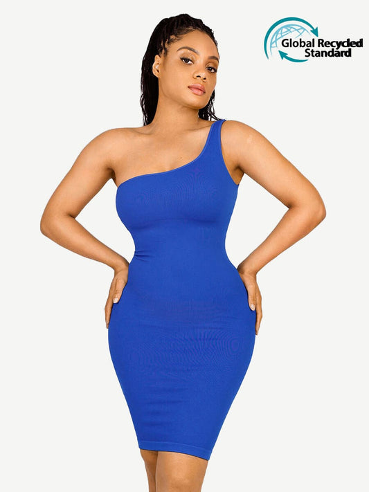 🌿Vestido moldeador de cintura con escote inclinado, sin costuras y ecológico, de un solo hombro