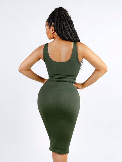 🌿 Vestido moldeador de cintura con escote en V profundo, sin costuras y ecológico, con almohadillas extraíbles