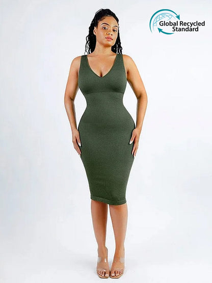🌿 Vestido moldeador de cintura con escote en V profundo, sin costuras y ecológico, con almohadillas extraíbles