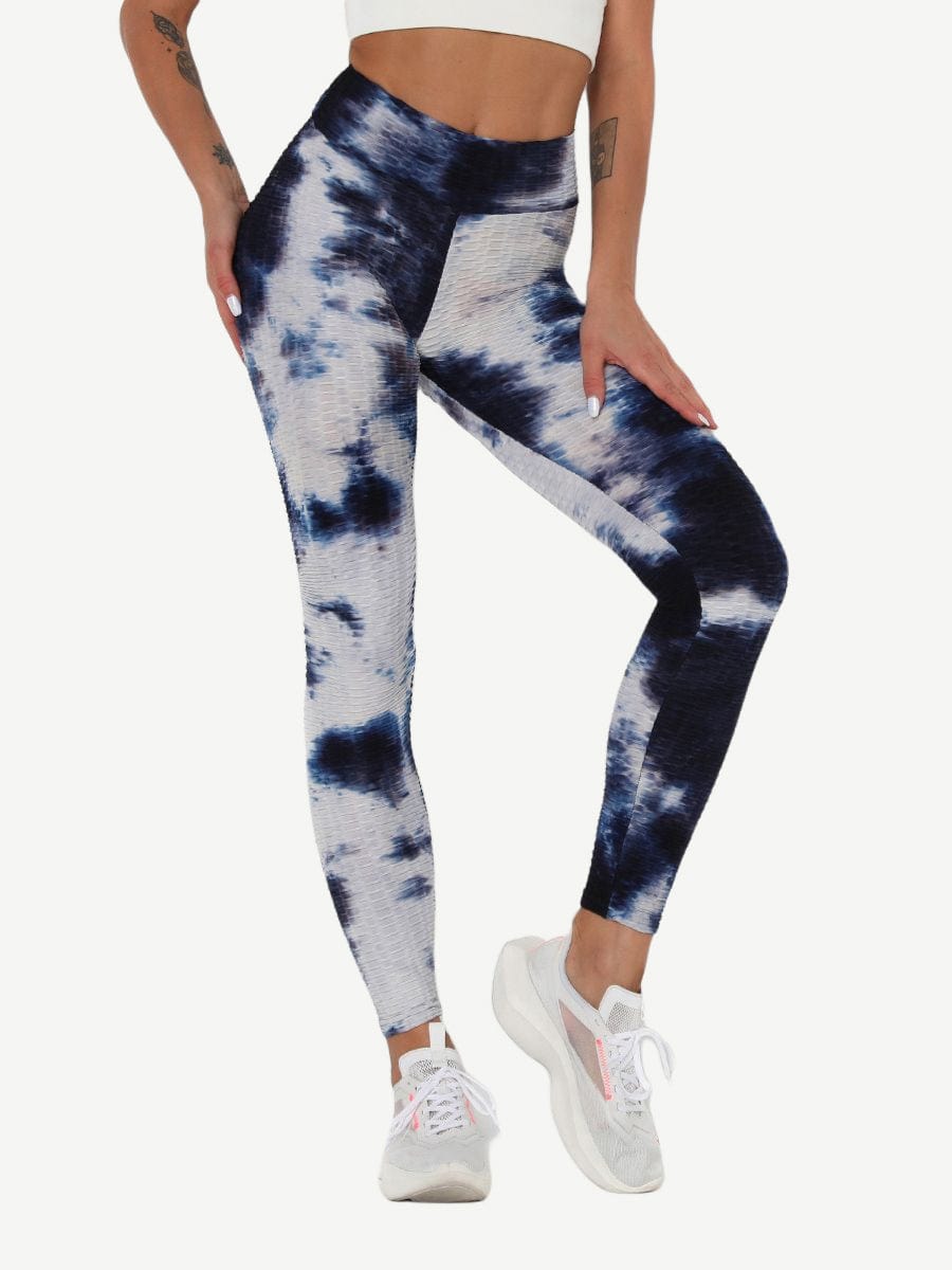 Leggings de yoga con teñido anudado azul profundo, adorables, largos hasta el tobillo, de buena calidad