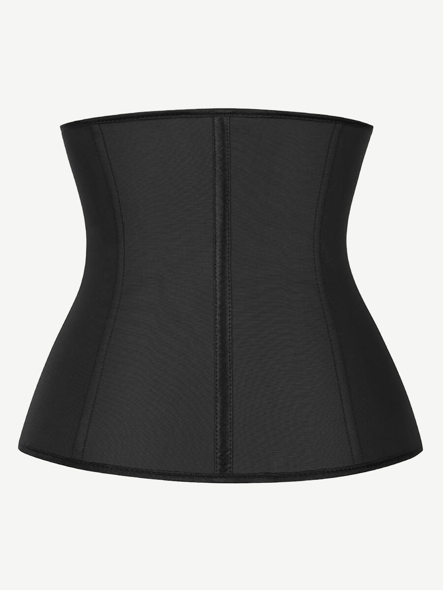 Faja moldeadora de cintura de látex negro con 9 varillas de acero y cierres de gancho y ojal, silueta suave