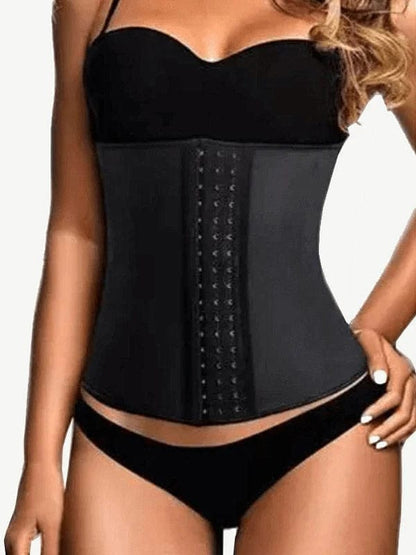Faja moldeadora de cintura de látex negro con 9 varillas de acero y cierres de gancho y ojal, silueta suave